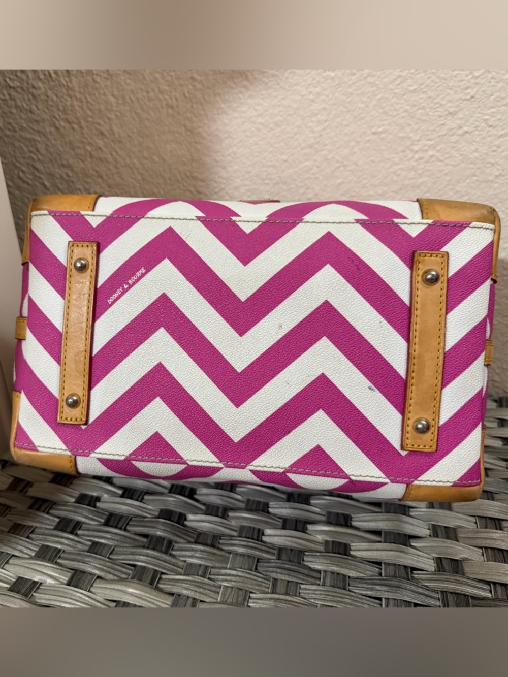 Dooney & Bourke Pink & White Geena Chevron Top Handle Satchel - Tan Leather Trim - Picture 8 of 16